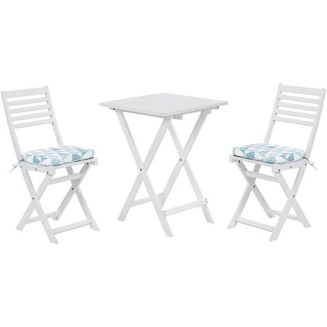 Outdoor Garden Furniture Bistro Set Folding Wood White Blue Cushions Fiji - White