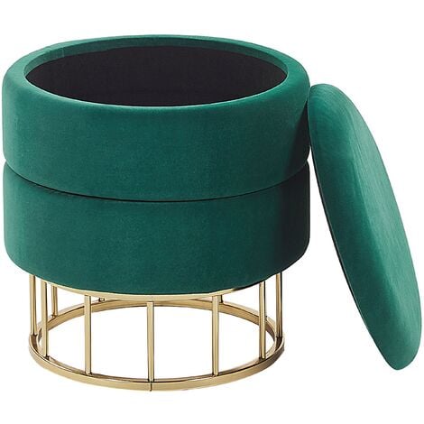 Glam Living Room Pouffe with Storage Round ø37cm Velvet Dark Green Gold Elgin