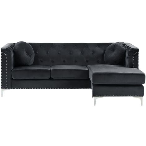 Left Hand Velvet Corner Sofa Black Additional Pillows Tufted Nailhead Trims Flen - Black