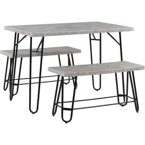Dining Room Set Table 2 Benches 4 People Marble Veneer Grey and Black Kempton - Grey