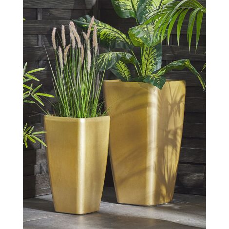 Modern Tall Flower Pot Outdoor Indoor Planter Stone 30x30x57 cm Gold Modi