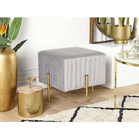 Glam Velvet Accent Ottoman Footstool Gold Legs Grey Sophia