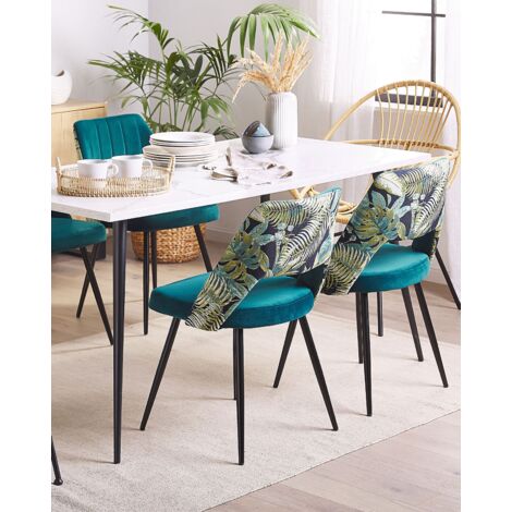 Retro Style Set of 2 Dining Chairs Velvet Seat Floral Pattern Back Blue Ansley