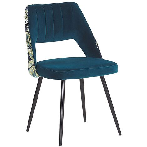 Retro Style Set of 2 Dining Chairs Velvet Seat Floral Pattern Back Blue Ansley