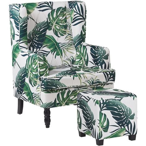 Classic Armchair with Footstool Leaf Pattern Wooden Legs White and Green Sandset