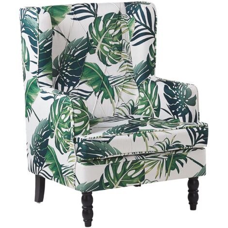 Classic Armchair with Footstool Leaf Pattern Wooden Legs White and Green Sandset