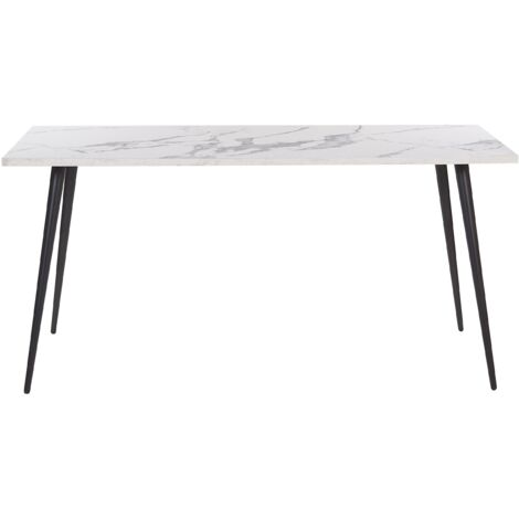 Modern Dining Table 160 x 80cm White Marble Effect Top Black Metal Legs ...