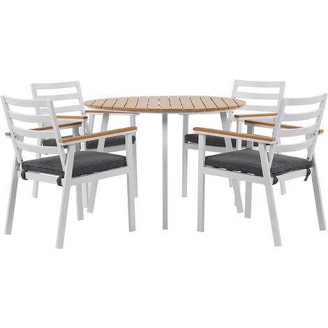 Garden Dining Set Light Wood with Grey Cushions Aluminium Table 4 Chairs Cavoli