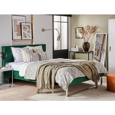 Modern Glam Velvet Fabric EU Double Bed Frame 4ft6 Upholstered Green Bellou