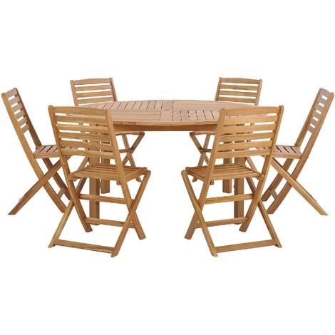 Outdoor Garden Dining Set Acacia Wood Round Table Folding Chairs Tolve - Light Wood