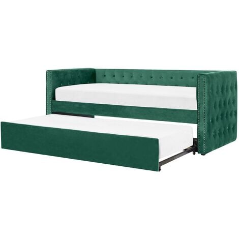 Glam Velvet EU Single Trundle Bed Frame 3ft Slatted Frame Buttoned Green Gassin