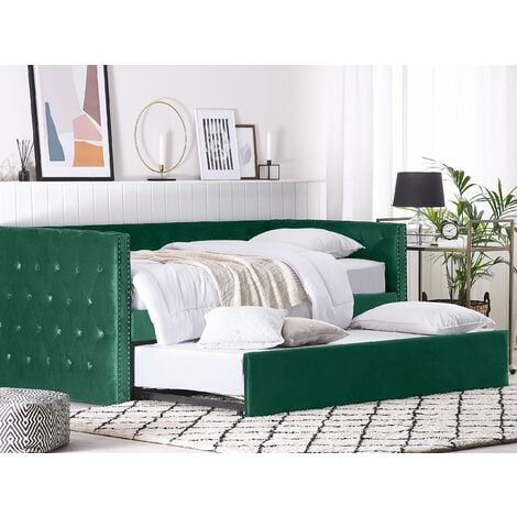 Glam Velvet EU Single Trundle Bed Frame 3ft Slatted Frame Buttoned Green Gassin