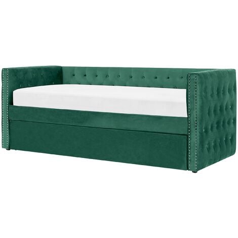 Glam Velvet EU Single Trundle Bed Frame 3ft Slatted Frame Buttoned Green Gassin