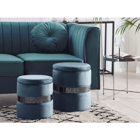 Set of 2 Storage Pouffes Velvet Footstools Metal Band Detail Light Blue Doris