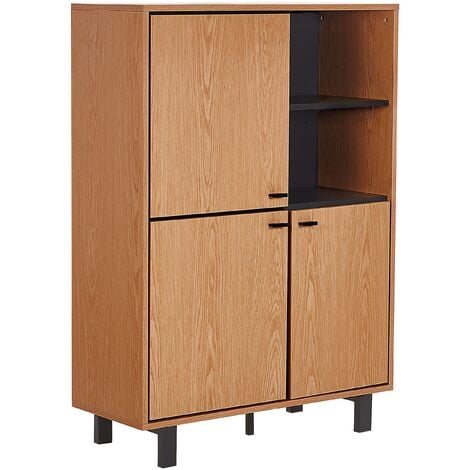 Retro Sideboard 3 Cabinets 2 Shelves Oak Finish Light Wood with Black Paramount - Light Wood