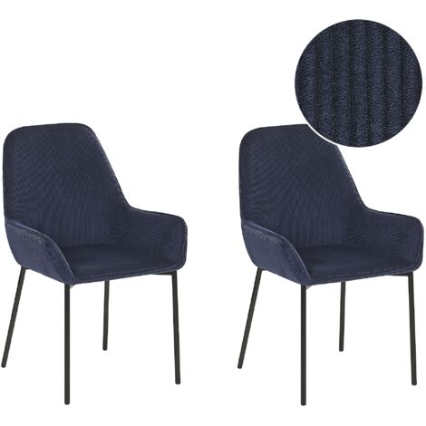 Set of 2 Dining Chairs Blue Corduroy Fabric Black Metal Legs Loverna