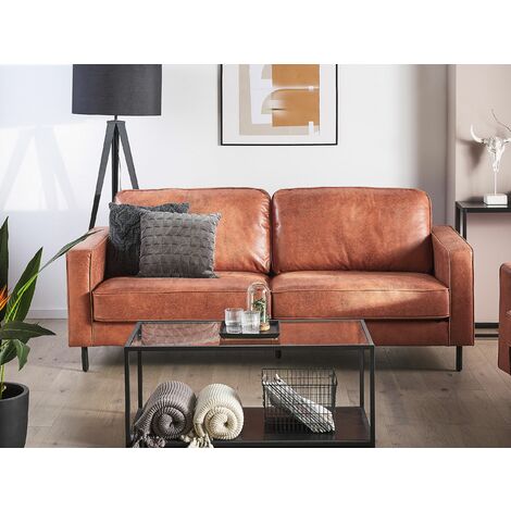 Modern Minimalist Faux Leather Sofa 3 Seater Cushions Metal Legs Brown Savalen