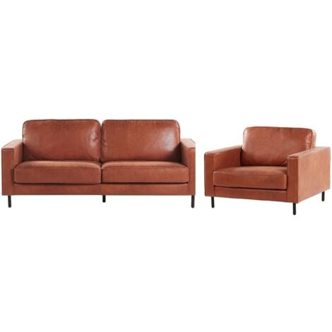 Modern Faux Leather Sofa Set 3 Seater Armchair Metal Legs Golden Brown Savalen
