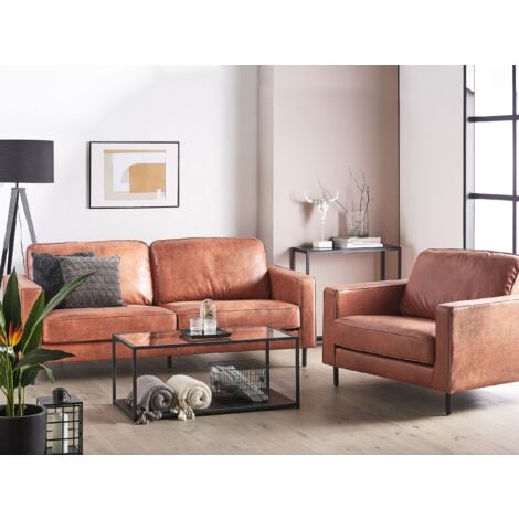 Modern Faux Leather Sofa Set 3 Seater Armchair Metal Legs Golden Brown Savalen
