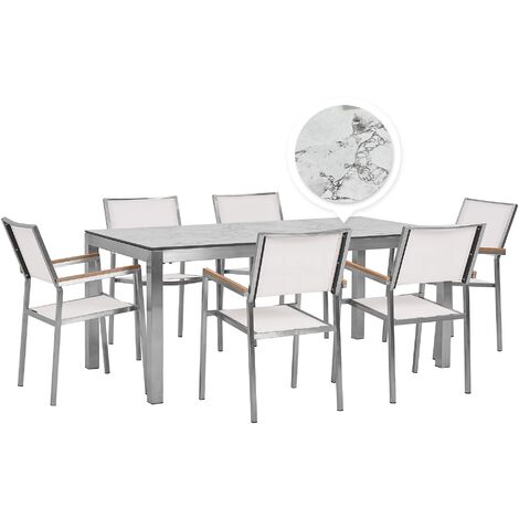 6 Seater Garden Dining Set Marble Veneer HPL Top White Chairs Grosseto