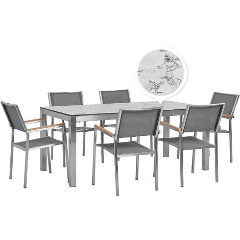 6 Seater Garden Dining Set Marble Veneer HPL Top Grey Chairs Grosseto - White