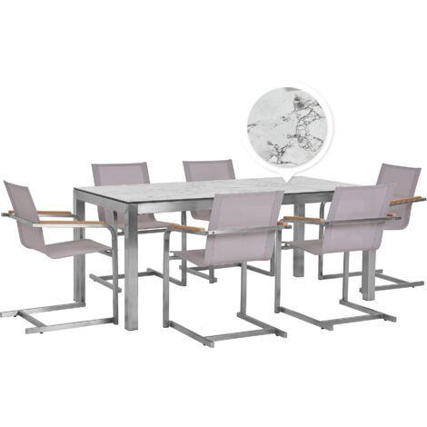 6 Seater Garden Dining Set Marble Veneer HPL Top Beige Chairs Grosseto/Cosoleto - White