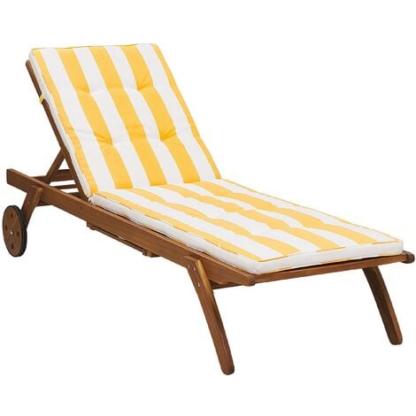 Outdoor Garden Lounger Sunbed with Cushion Yellow Stripes Acacia Wood Cesana