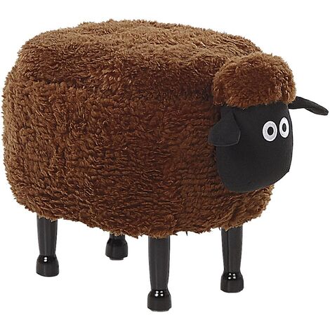 Kids Animal Stool Faux Fur Pouffe with Storage Wooden Legs Playroom Brown Sheep