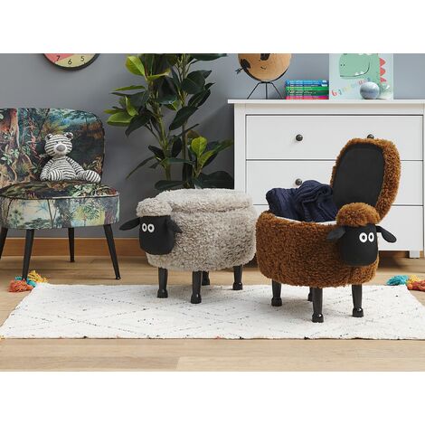 Kids Animal Stool Faux Fur Pouffe with Storage Wooden Legs Playroom Brown Sheep