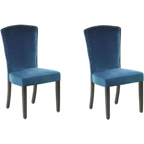 Set of 2 Velvet Dining Chairs High Back Silver Nailhead Trim Navy Blue Piseco