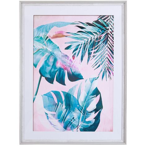 Framed Wall Art 60 x 80 cm Palm Leaf Pattern Print on Paper Blue and Pink Agena
