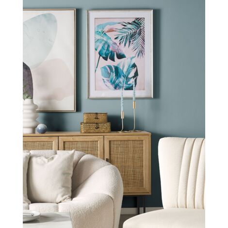 Framed Wall Art 60 x 80 cm Palm Leaf Pattern Print on Paper Blue and Pink Agena