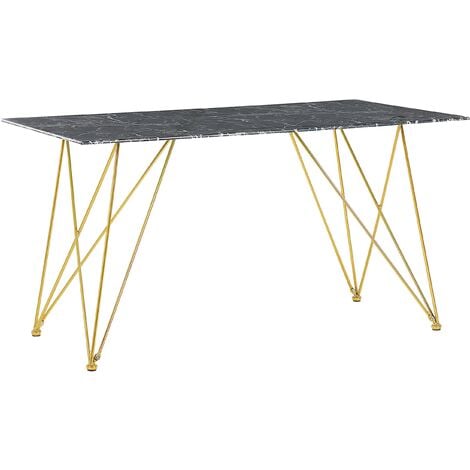 Glam Dining Table 140 x 80 cm Marble Effect Black Glass Top Gold Legs Kenton