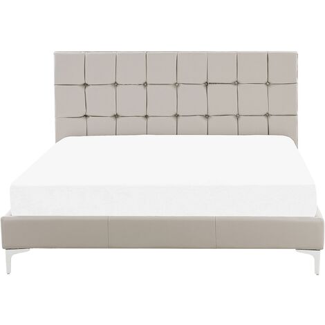 EU Double PU Bed Frame 4ft6 Slatted Base Buttoned Headboard Taupe Ambert