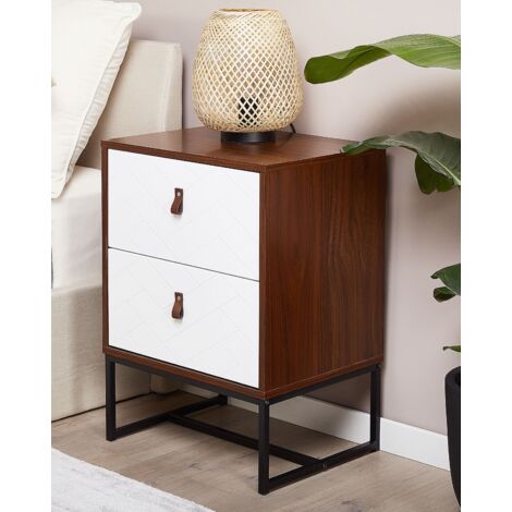 Modern Bedside Table with 2 Drawers Metal Legs Dark Wood with White Nueva
