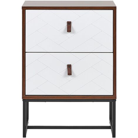 Modern Bedside Table with 2 Drawers Metal Legs Dark Wood with White Nueva