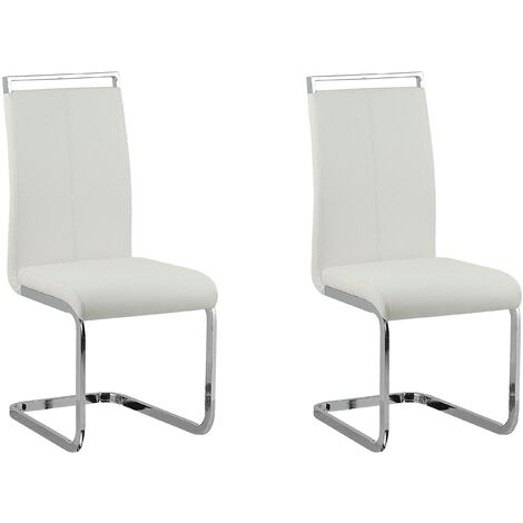 Set of 2 Faux Leather White Cantilever Dining Chairs Greedin