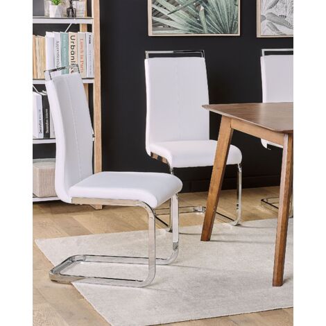 Set of 2 Faux Leather White Cantilever Dining Chairs Greedin