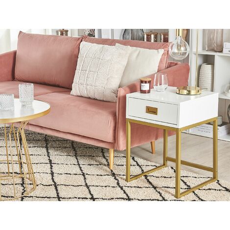 Side Table White with Gold Metal Base Storage Drawer Bedside Nightstand 40 x 40 cm Largo