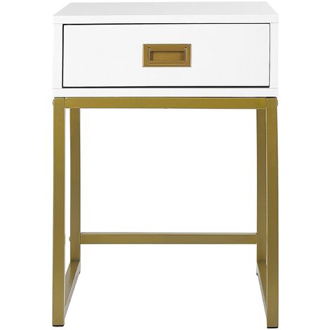 Side Table White with Gold Metal Base Storage Drawer Bedside Nightstand 40 x 40 cm Largo