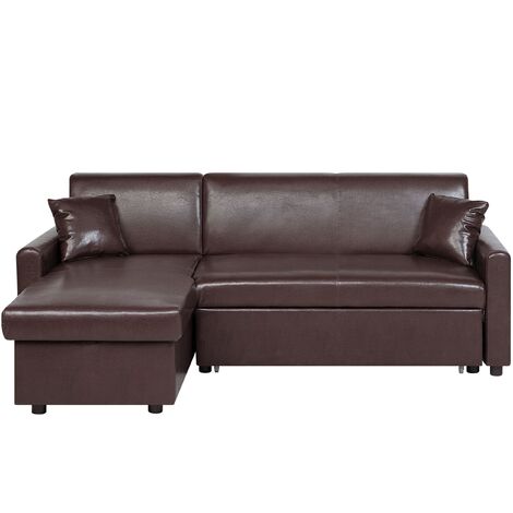 Traditional Faux Leather Dark Brown Right Hand Corner Sofa Bed Storage Ogna