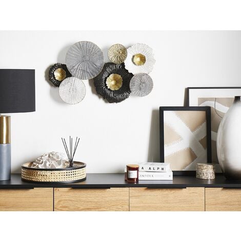 Modern Decorative Wall Art Deco Accent Piece Circles Black and Silver Zirconium