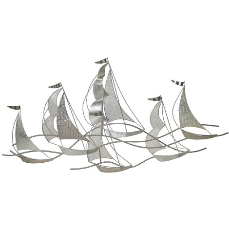 Modern Decorative Wall Art Deco Accent Piece Boats Silver Americium