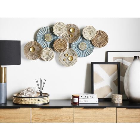 Modern Decorative Wall Art Deco Accent Piece Circles Blue and Beige Hassium