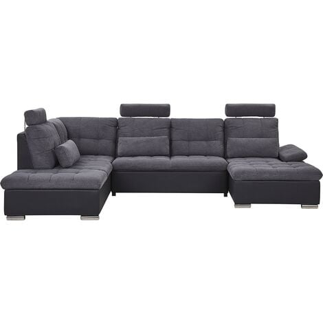 U-Shaped Fabric Sofa Bed with Storage Adjustable Headrests Dark Grey Halden