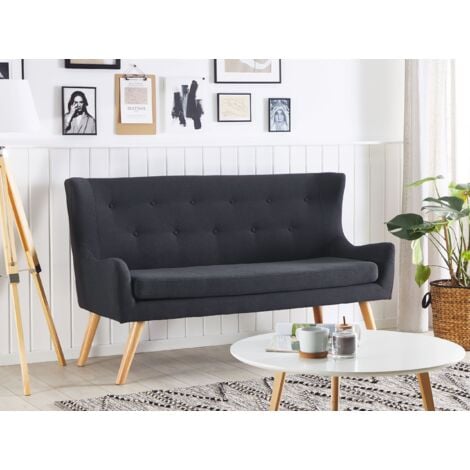Fabric 2-Seater Kitchen Wingback Sofa Black Polyester Light Wood Legs Bench Skibby