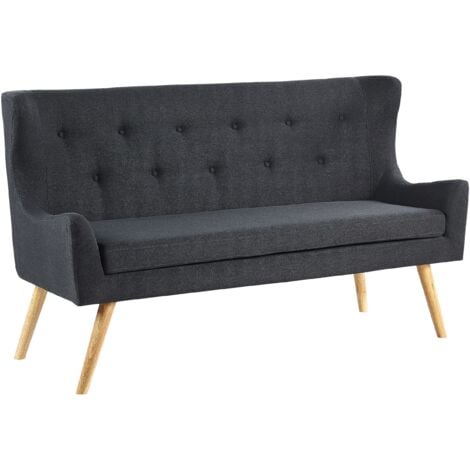 Fabric 2-Seater Kitchen Wingback Sofa Black Polyester Light Wood Legs Bench Skibby