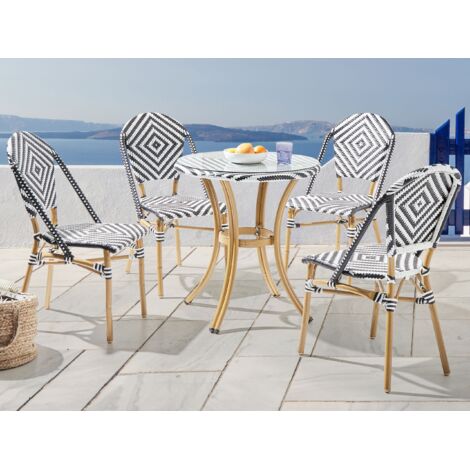 4 Seater Garden Dining Set Black White Rattan Round Table Chairs Aluminium Frame