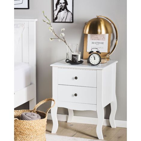 Bedside Table White Finish MDF 2 Storage Drawers Cabriole Legs Metal Handle Lane