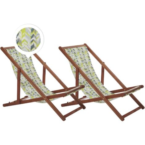 Set of 2 Folding Deck Chairs Sun Loungers Yellow and Grey Dark Acacia Anzio